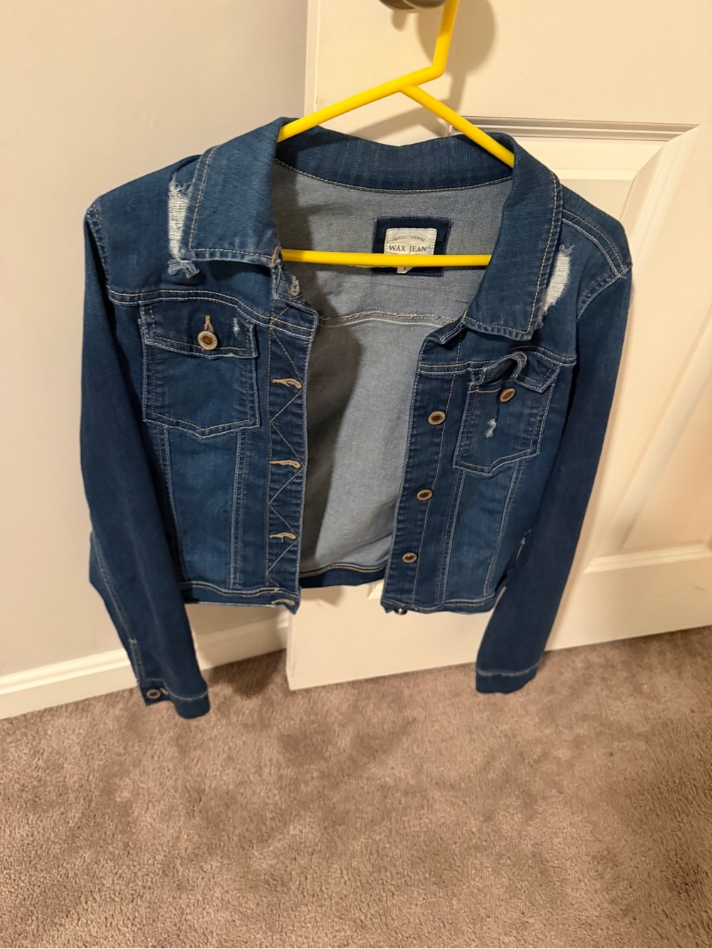 Wax Jean Women's Medium Blue Cropped Distressed Denim Jacket